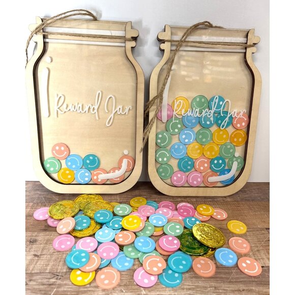 2 Wooden & Acrylic Reward Jar With Colorful Smiley Face Tokens - Picture 1 of 6